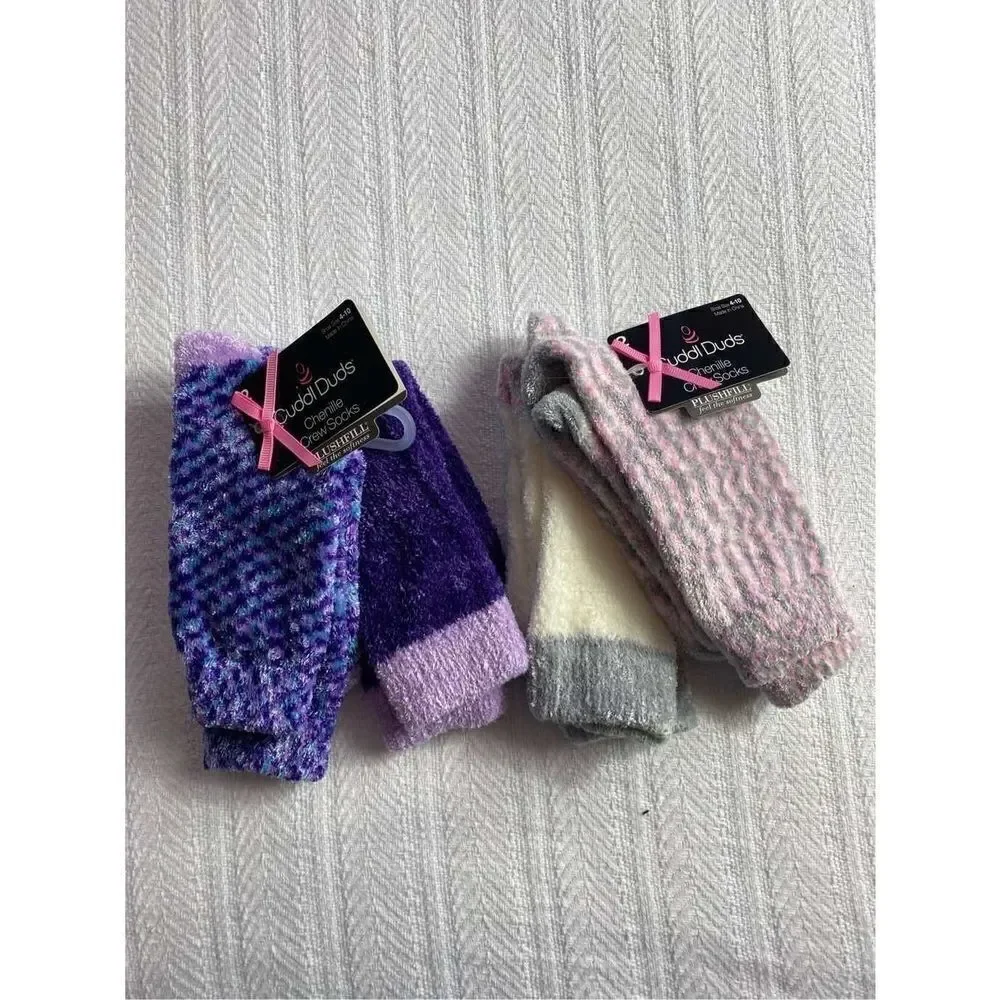 Cuddl Duds Girls Shoe Size 4-10 Chenille Crew Socks - 2 - 2 Packs